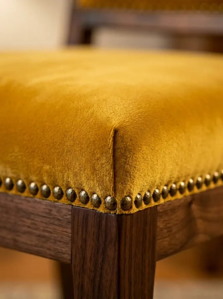Reupholstered Yellow Velvet Chair Seat Close up of a dining chair seat reupholstered in mustard yellow velvet with brass nailhead trim.