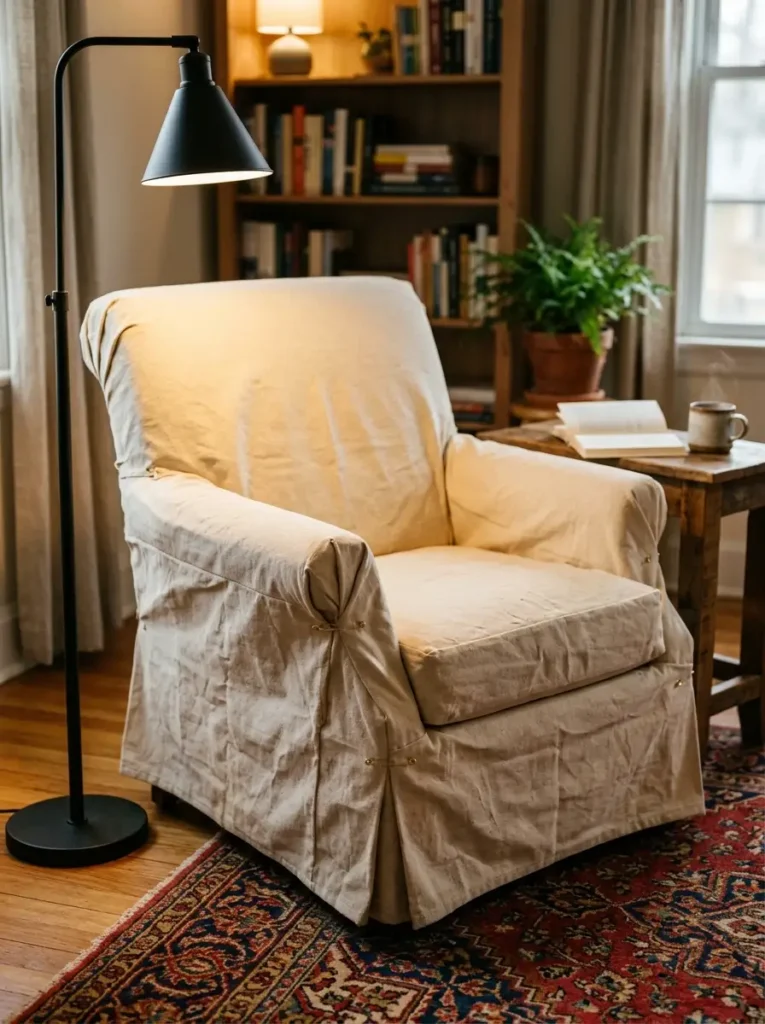 Canvas Drop Cloth Slipcover | StylishGalore Armchair wrapped in a beige cotton canvas drop cloth secured with brass safety pins