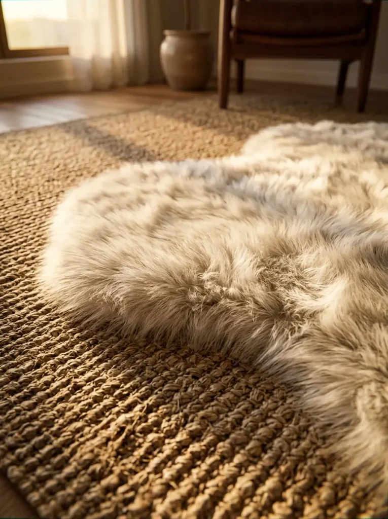 Layered Rug Texture Design Fluffy white faux fur rug layered over a coarse brown jute area rug in a sunlit room.