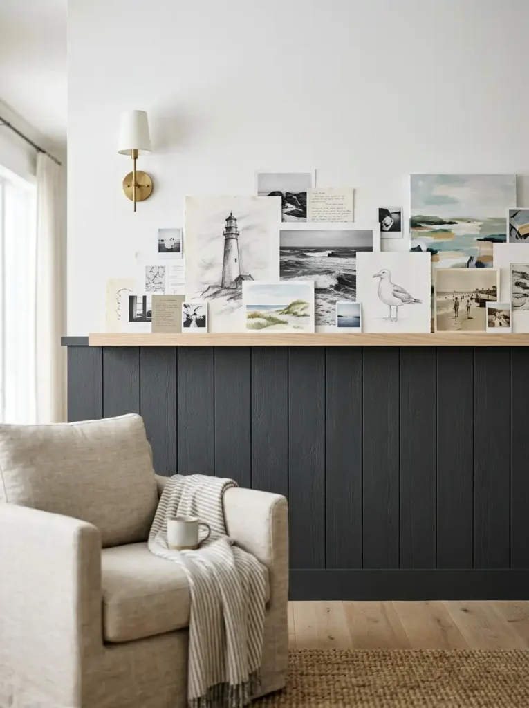 Wooden Picture Ledge Art Display Raw wood picture ledge mounted above dark paneled wainscoting holding overlapping unframed sketches and photos