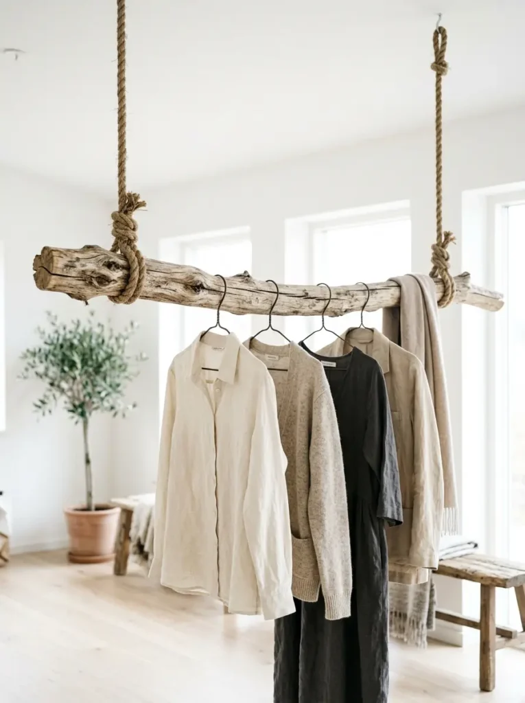 Weathered driftwood branch suspended from the ceiling with thick hemp rope holding linen clothing.