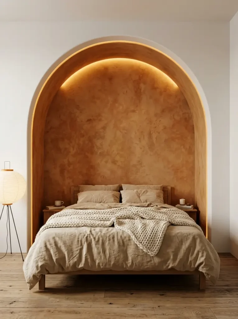 Cozy bed tucked inside a warm earthy textured plaster archway