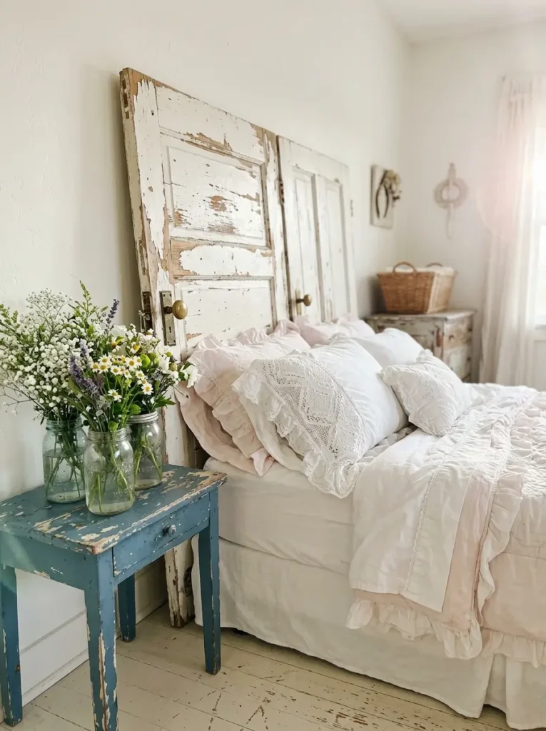 Distressed white wooden doors used as a headboard behind a bed with ruffled white linens and wildflowers in mason jars