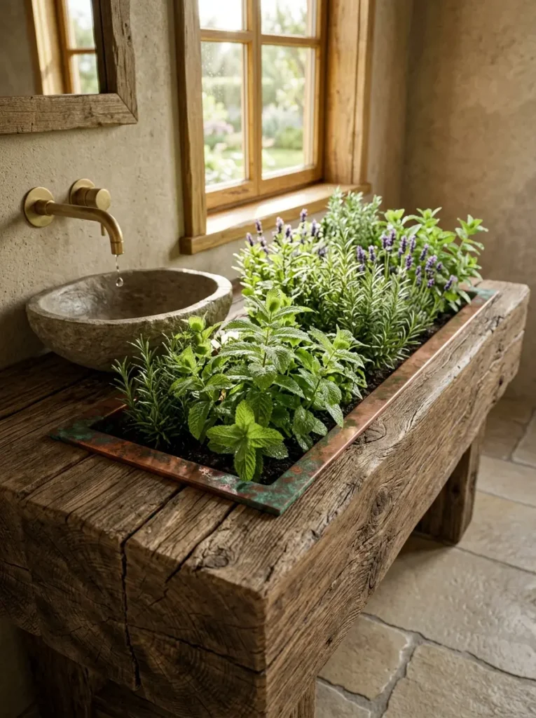 A weathered timber vanity featuring a copper trough filled with fresh mint and lavender.