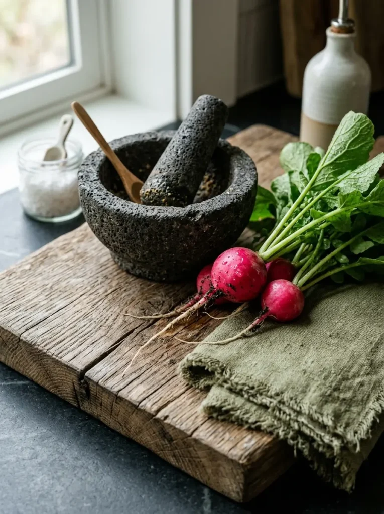 Dark stone mortar and pestle next to fresh pink radishes on a rustic wood block.