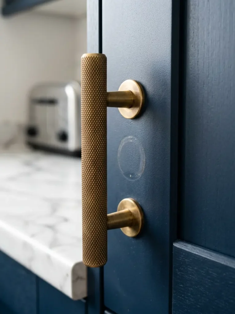 Heavy textured brass handle installed on a dark blue kitchen cabinet door