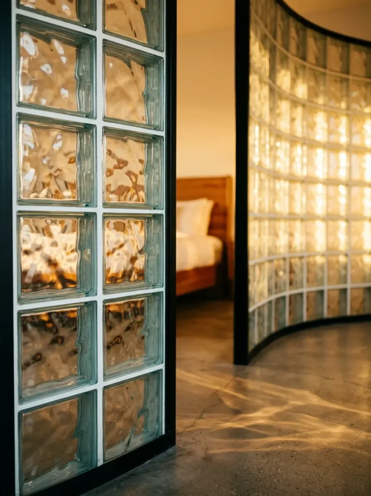 Wavy glass block partition separates a bedroom from the living space