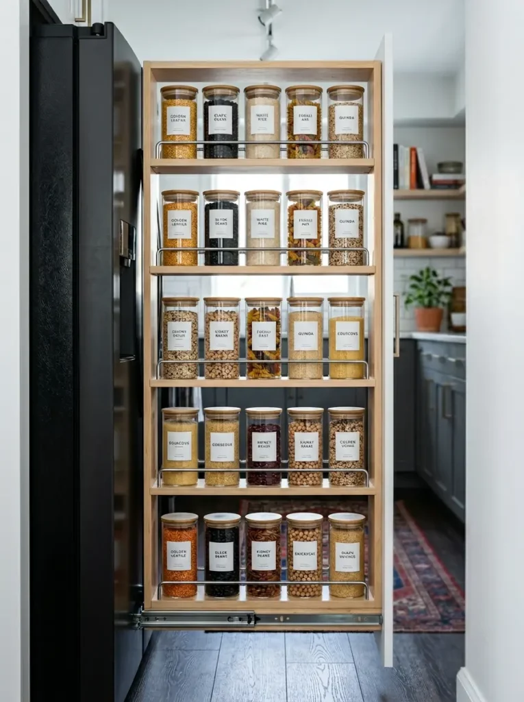 Tall narrow wooden rack pulled out from beside a refrigerator holding glass spice jars.