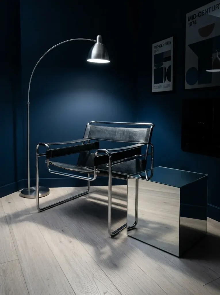 Mirrored Cube Side Table Mirrored square block side table next to a chrome and black leather chair.
