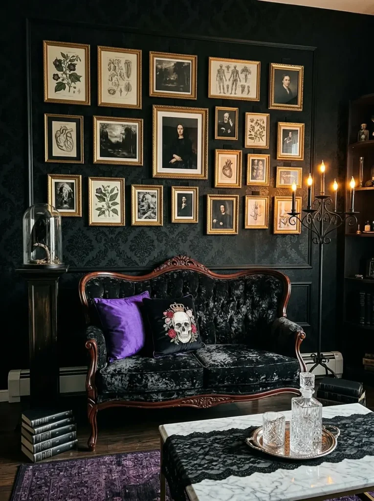 Vintage brown leather wingback chair illuminated by colorful neon lights shining through window blinds in dark apartment corner