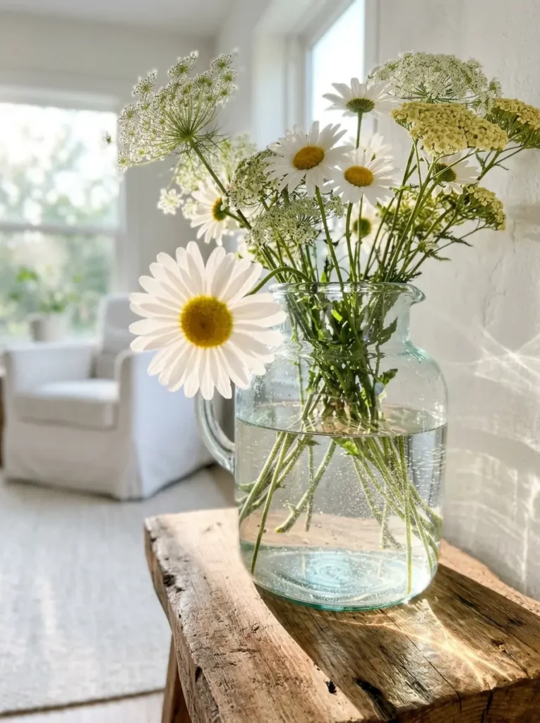 Fresh white daisies in a glass jug on a wooden bench.