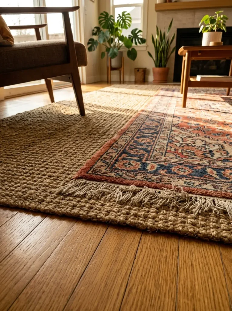 Faded traditional Persian style rug layered on top of a large woven jute rug