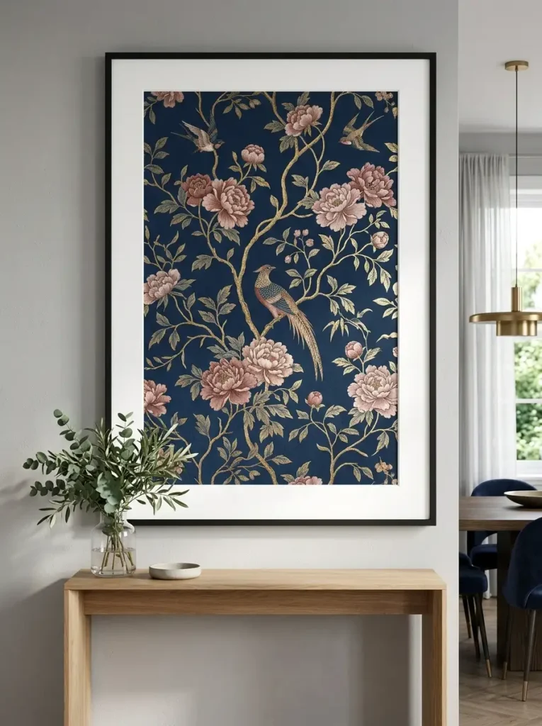 Framed Floral Wallpaper Sample Art Large black frame displaying navy blue and pink floral designer wallpaper hanging above a console.
