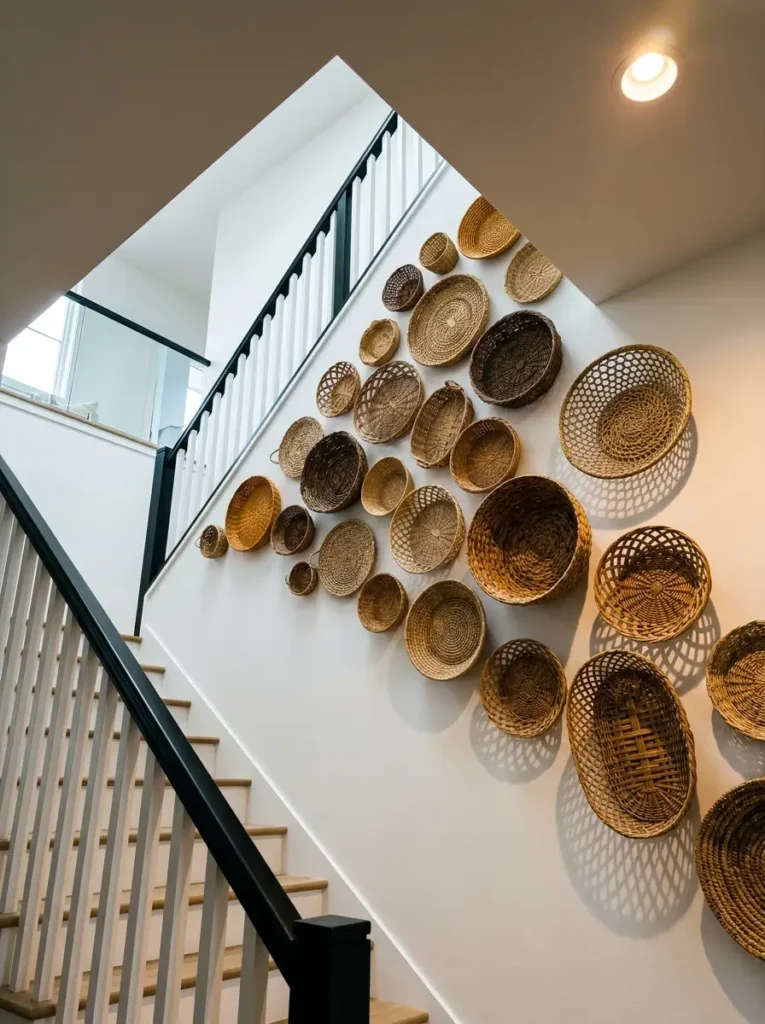 Woven Wall Basket Gallery | StylishGalore Collection of round woven seagrass baskets arranged on a white staircase wall
