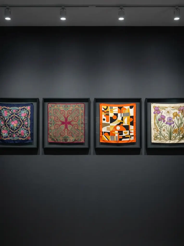 Framed Vintage Silk Scarves Four framed vintage silk scarves hanging in a row on a dark gray wall.