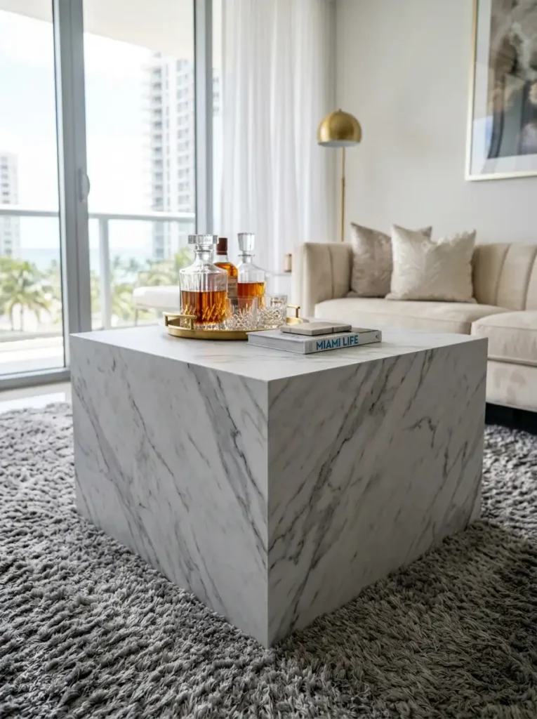 Faux Marble Geometric Coffee Table Square living room coffee table wrapped in realistic white marble contact paper holding a crystal bar tray