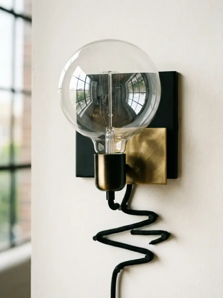 Large clear globe bulb on a brass and black mount with a black cord pinned in a zigzag shape.