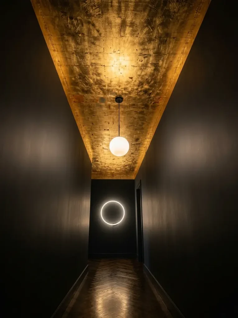Gold leaf applied to a hallway ceiling above dark walls