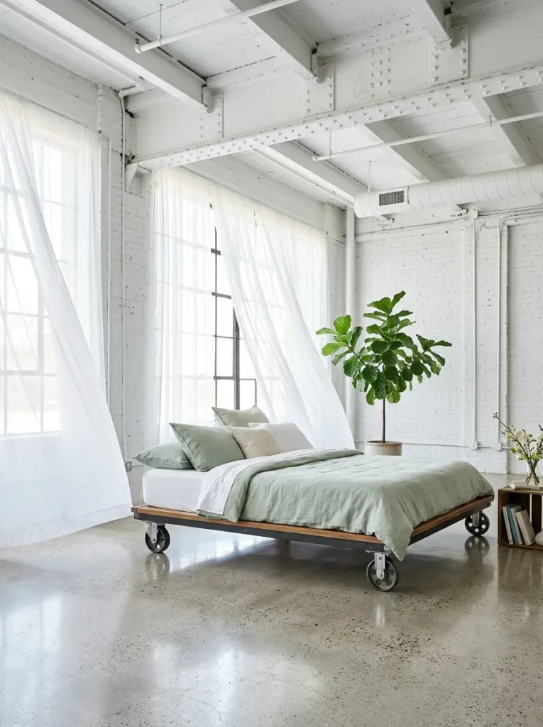 Wooden platform bed on heavy metal casters with pale green bedding inside a bright loft with white painted brick walls