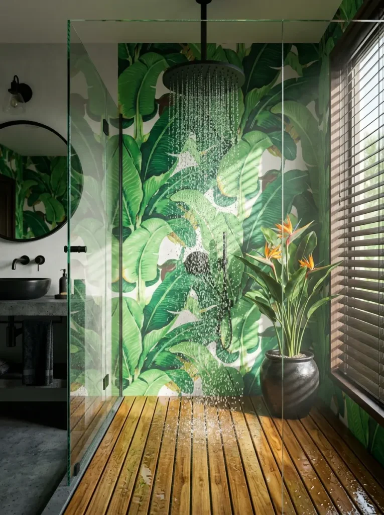 Tropical bathroom with banana leaf wallpaper and a teak wood slat shower floor.
