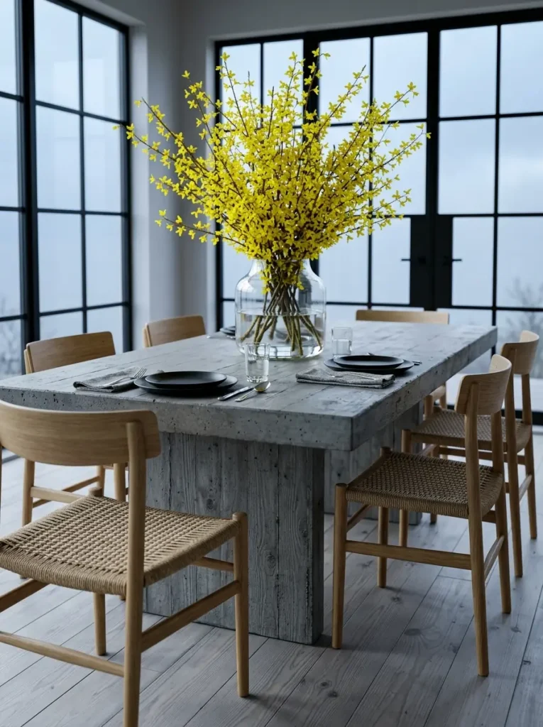 Large gray concrete dining table decorated with bright yellow forsythia branches.
