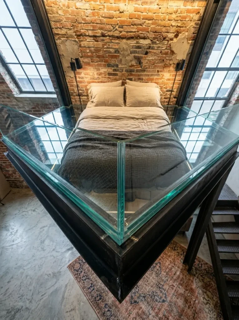 Transparent glass floor structure supports a bed above the living area