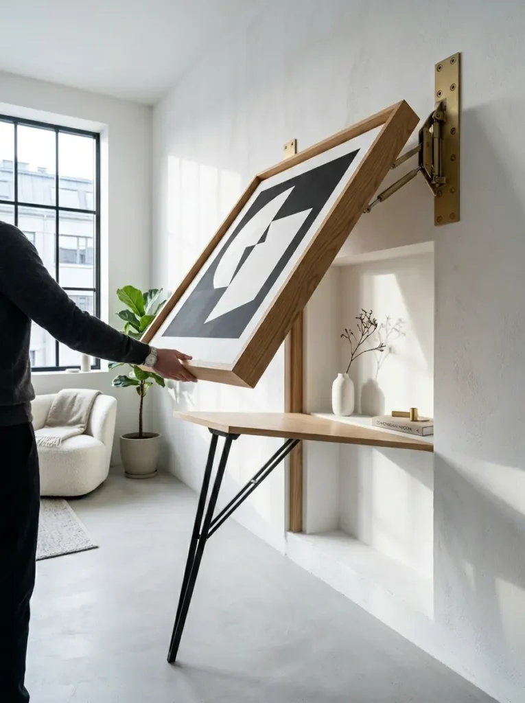 Framed geometric artwork folding down from a white wall to become a wooden desk with black legs.