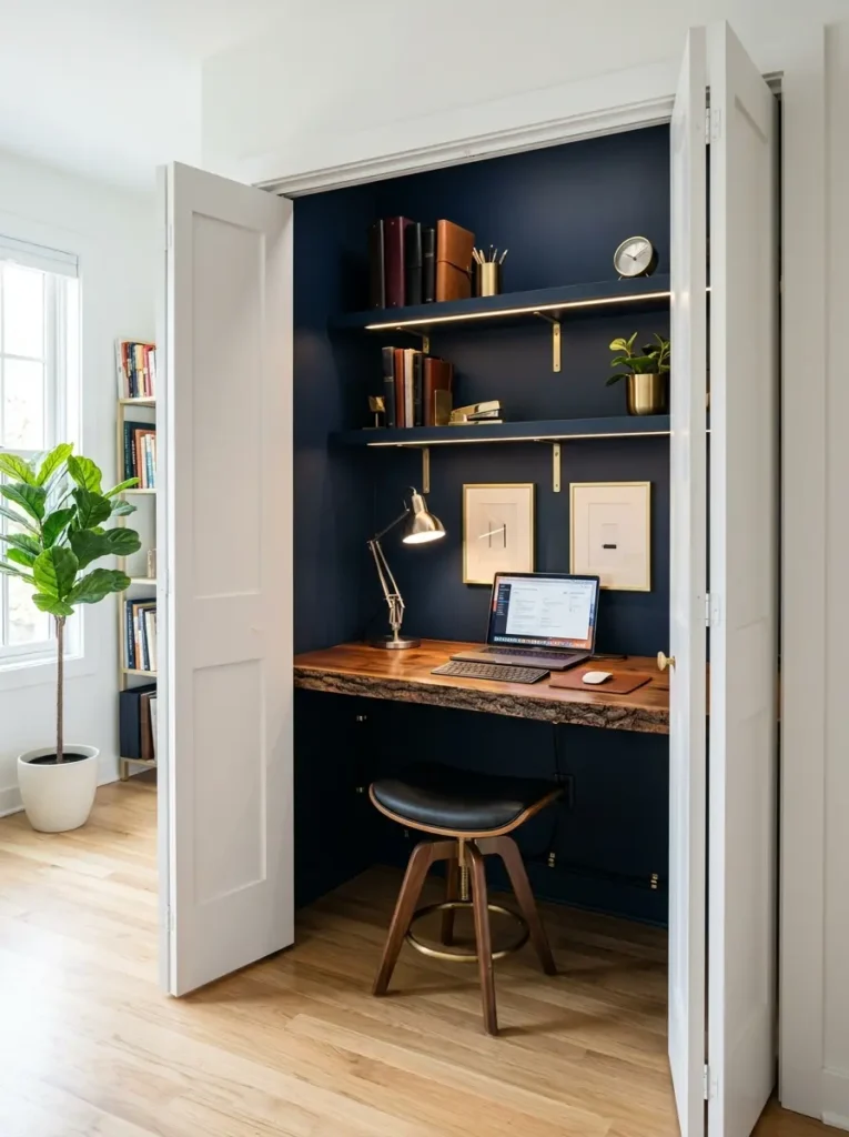 Hidden Closet Office Space Dark blue painted closet converted into a home office with a live edge wood desk and floating shelves.