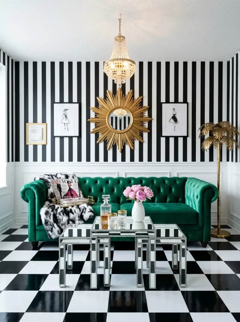 Two fluffy white chairs facing clear acrylic coffee table with neon pink flamingo sign on geometric pastel wall