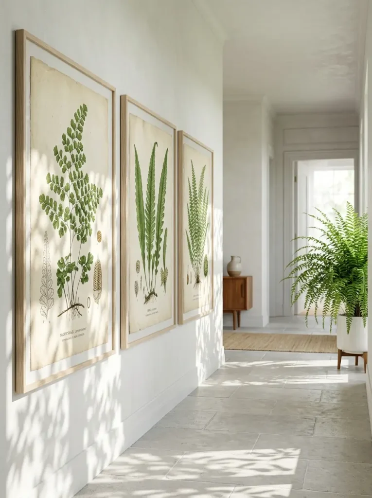 Three framed botanical fern prints in a bright corridor.