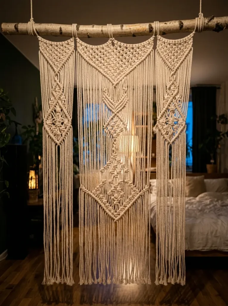 Intricate cotton macrame wall hanging acting as a room divider in a studio apartment