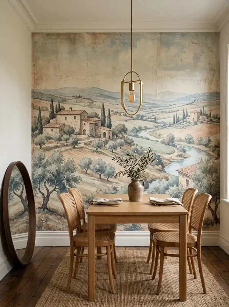 French Countryside Dining Room Wall Mural Dining room featuring a full wall mural depicting a muted French countryside landscape scene.