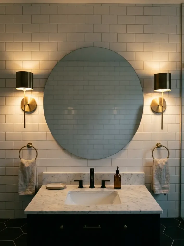 Oversized Round Bathroom Mirror | StylishGalore Large frameless round mirror on a white subway tile bathroom wall flanked by brass sconces