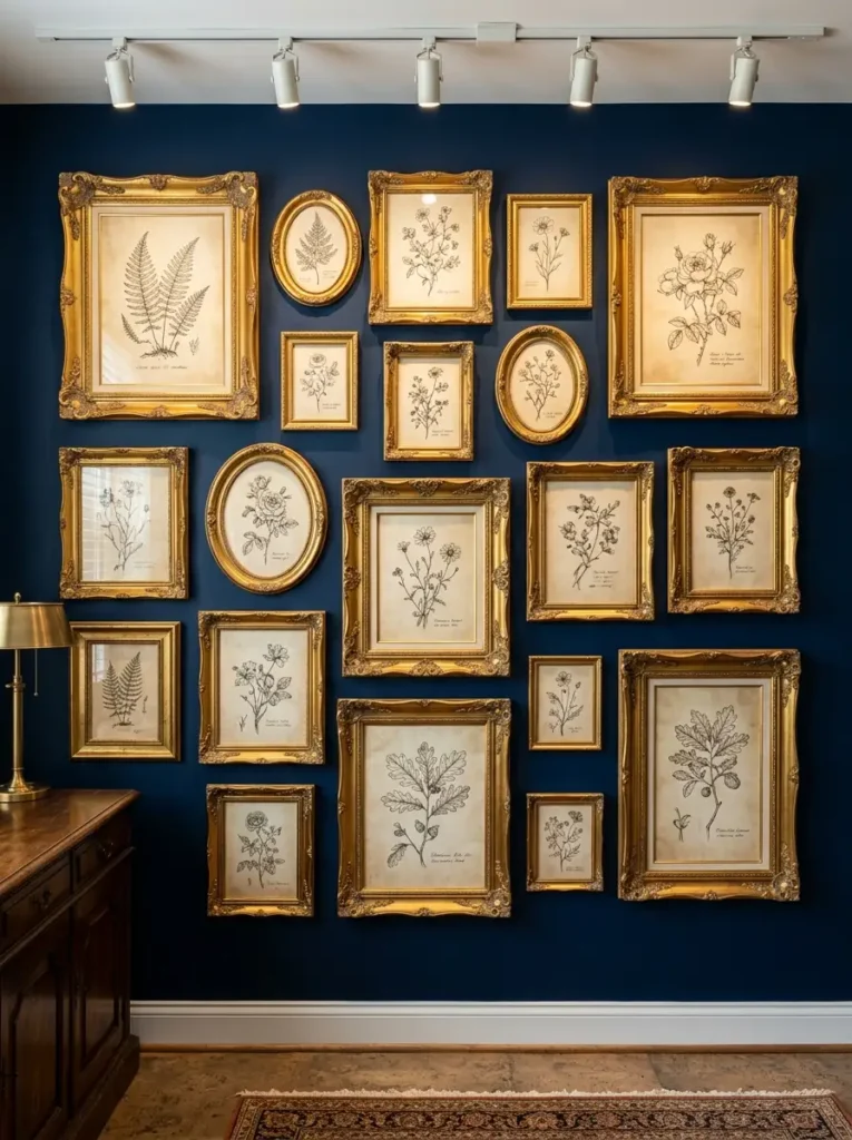 Botanical Gold Gallery Wall Gallery wall featuring botanical line drawings inside shiny gold frames on a dark blue background.
