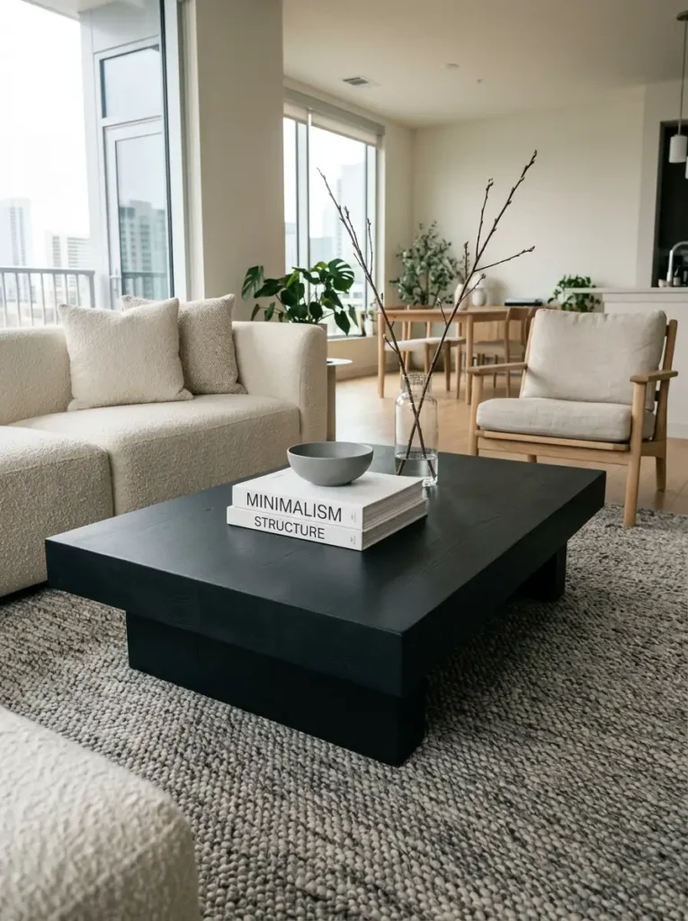 Low Profile Matte Black Coffee Table Low slung matte black wooden coffee table sitting on a textured rug in a bright modern living room
