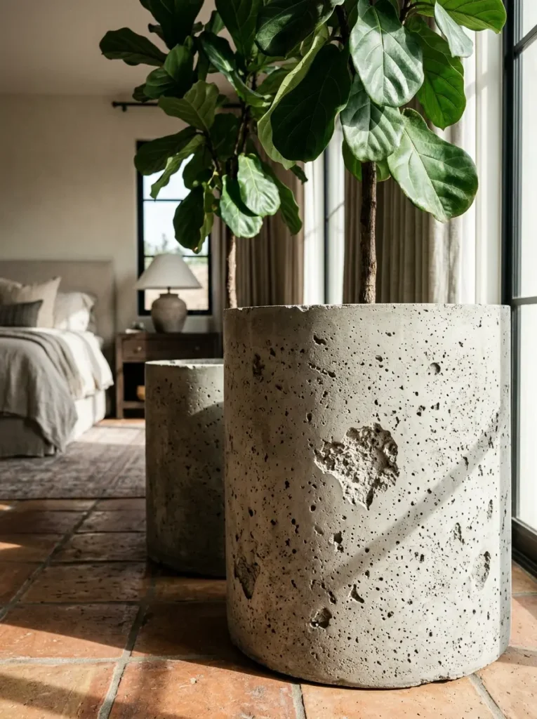 Large faux concrete cylindrical planters holding fiddle leaf fig trees on a terracotta floor.