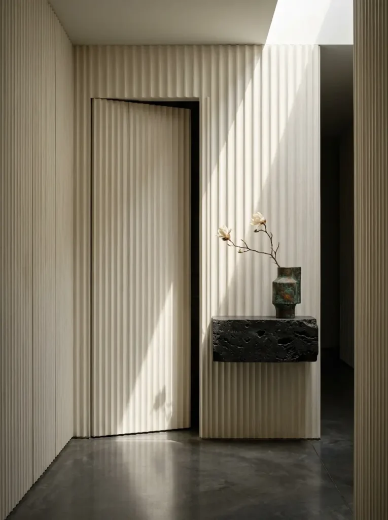 Vertical ribbed wooden wall panels concealing a hidden doorway