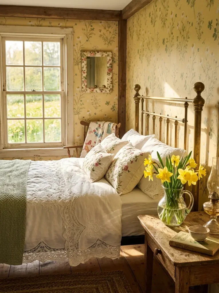 Vintage golden brass bed frame against yellow floral wallpaper with a pitcher of bright yellow daffodils on a wooden nightstand