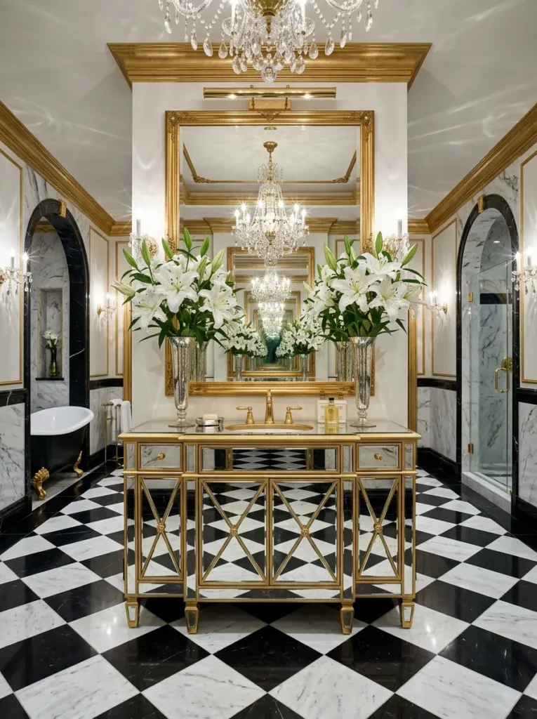 Luxury bathroom with mirrored vanity and large bouquets of white Casablanca lilies.