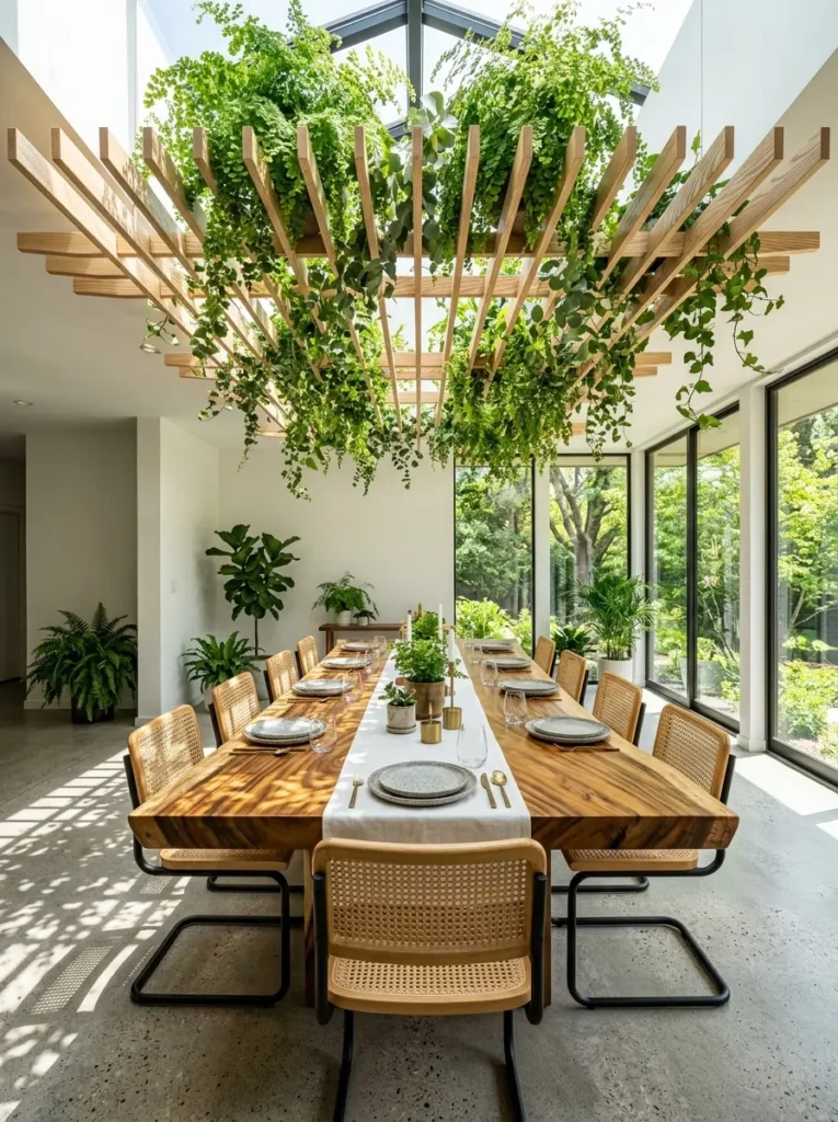 Modern dining room with a wooden ceiling trellis covered in trailing green plants.