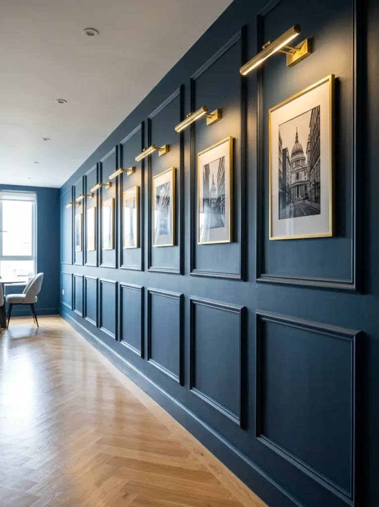 Dark blue hallway wall featuring decorative trim boxes and gold picture lights