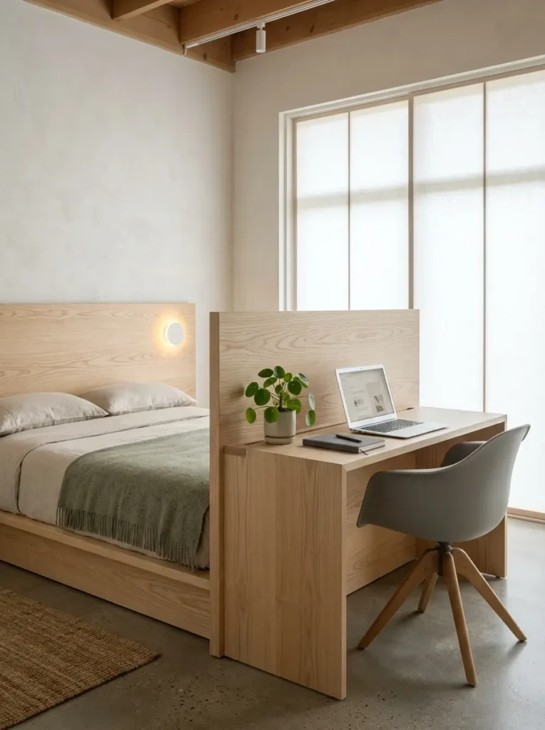 Wooden bed headboard extending upwards to serve as a room divider and back for a desk.