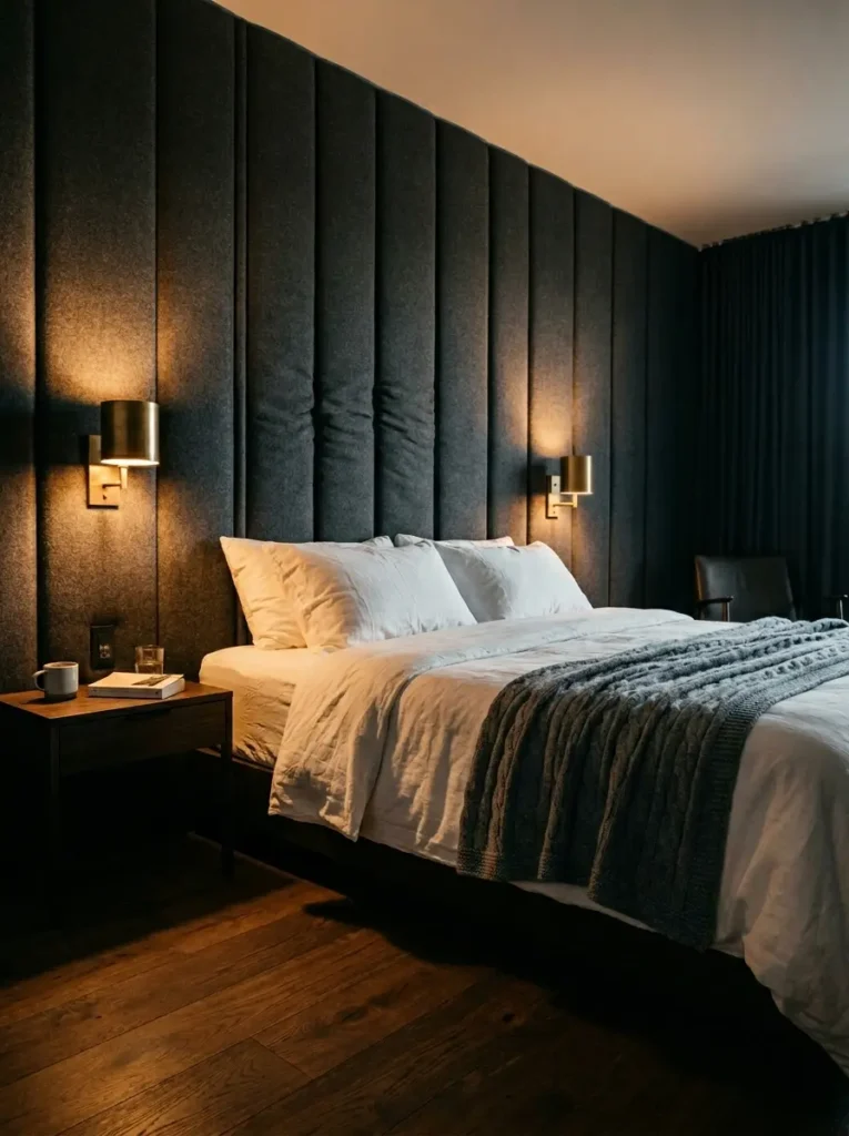 Upholstered Wall Panels Tall grey vertical upholstered panels acting as a headboard behind a bed with white sheets.