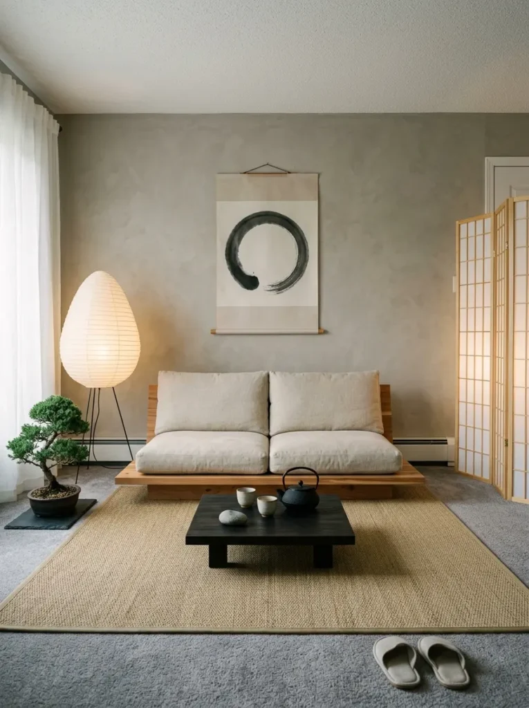 Curved cream sofa sitting in front of tall ornate gold vintage mirror in elegant white Parisian style apartment
