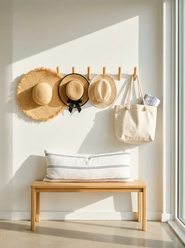 Minimalist entryway with straw hats and beach bag on hooks.