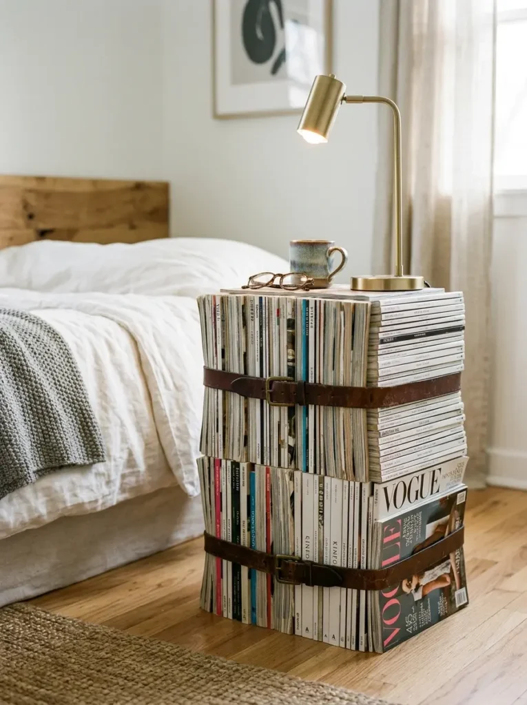 Bedside table created by stacking thick fashion magazines wrapped in vintage leather belts