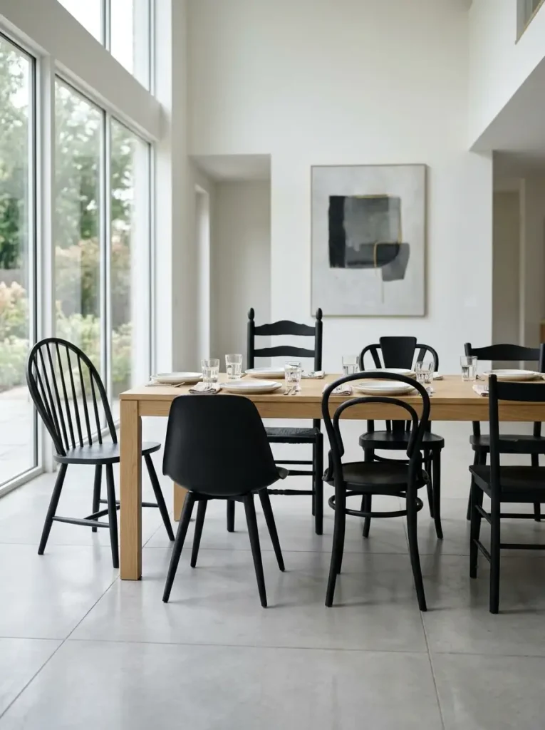 Uniform Matte Black Dining Chairs Mismatched wooden dining chairs unified by matte black paint surrounding a light oak table.