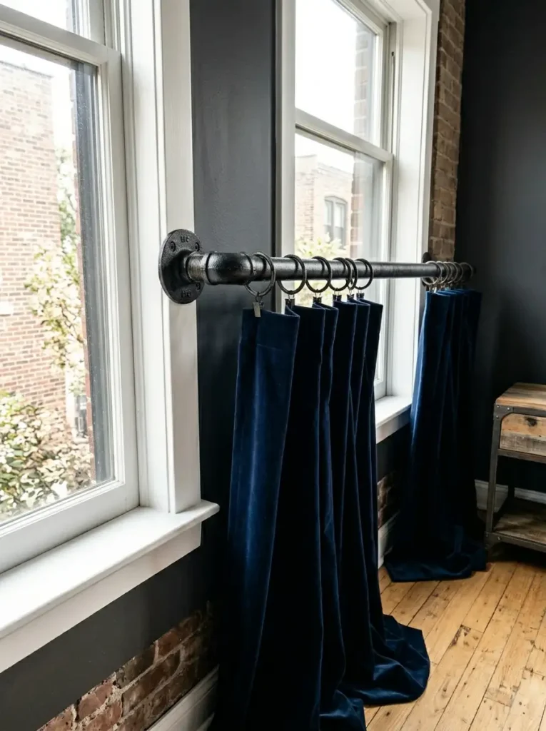 Industrial Pipe Curtain Rods | StylishGalore Black industrial iron plumbing pipe used as a curtain rod holding navy blue velvet drapes