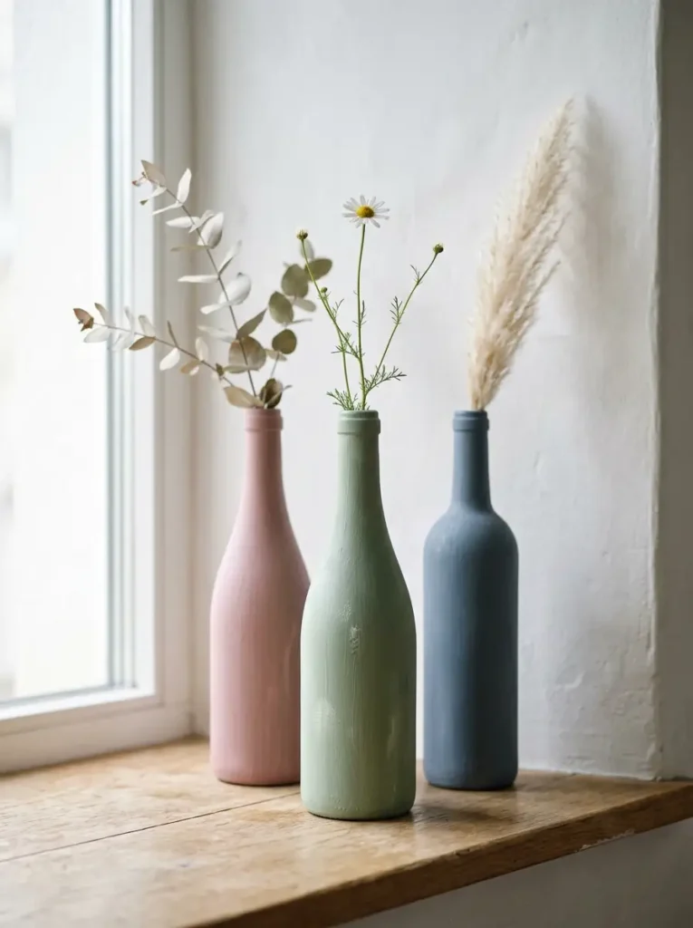 Painted Glass Bottle Vases Repurposed wine bottles painted in matte pink green and blue acting as vases on a wooden sill.
