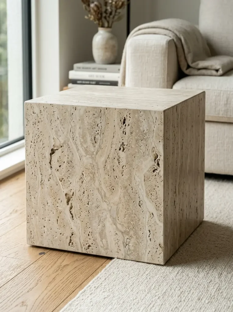 Minimalist square side table painted to look like porous creamy travertine stone.